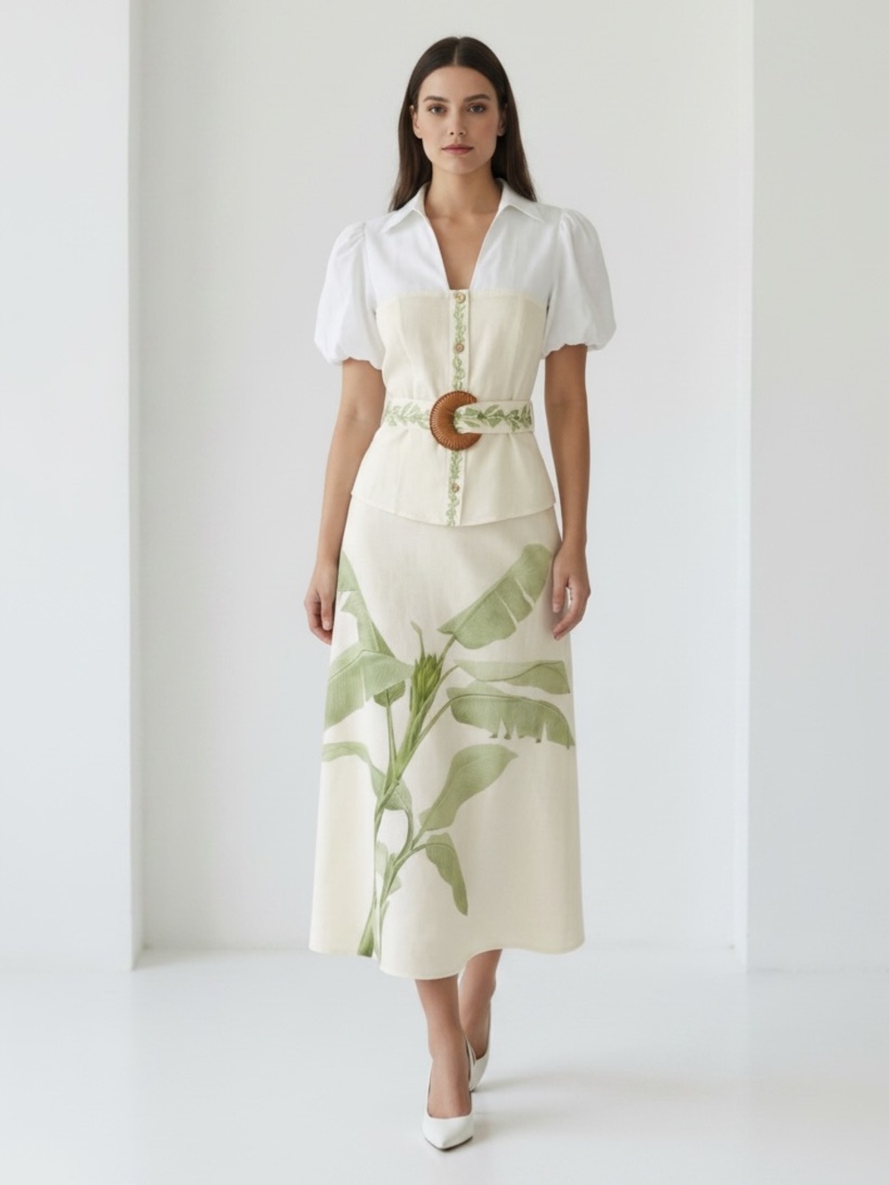 1325 • BananaTree Print Skirt & White Cotton Blend Puff Sleeve Blouse Belted Set